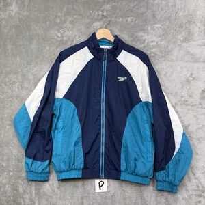 Vintage Reebok Windbreaker White Blue Jacket Embroidered Logo Men's Medium